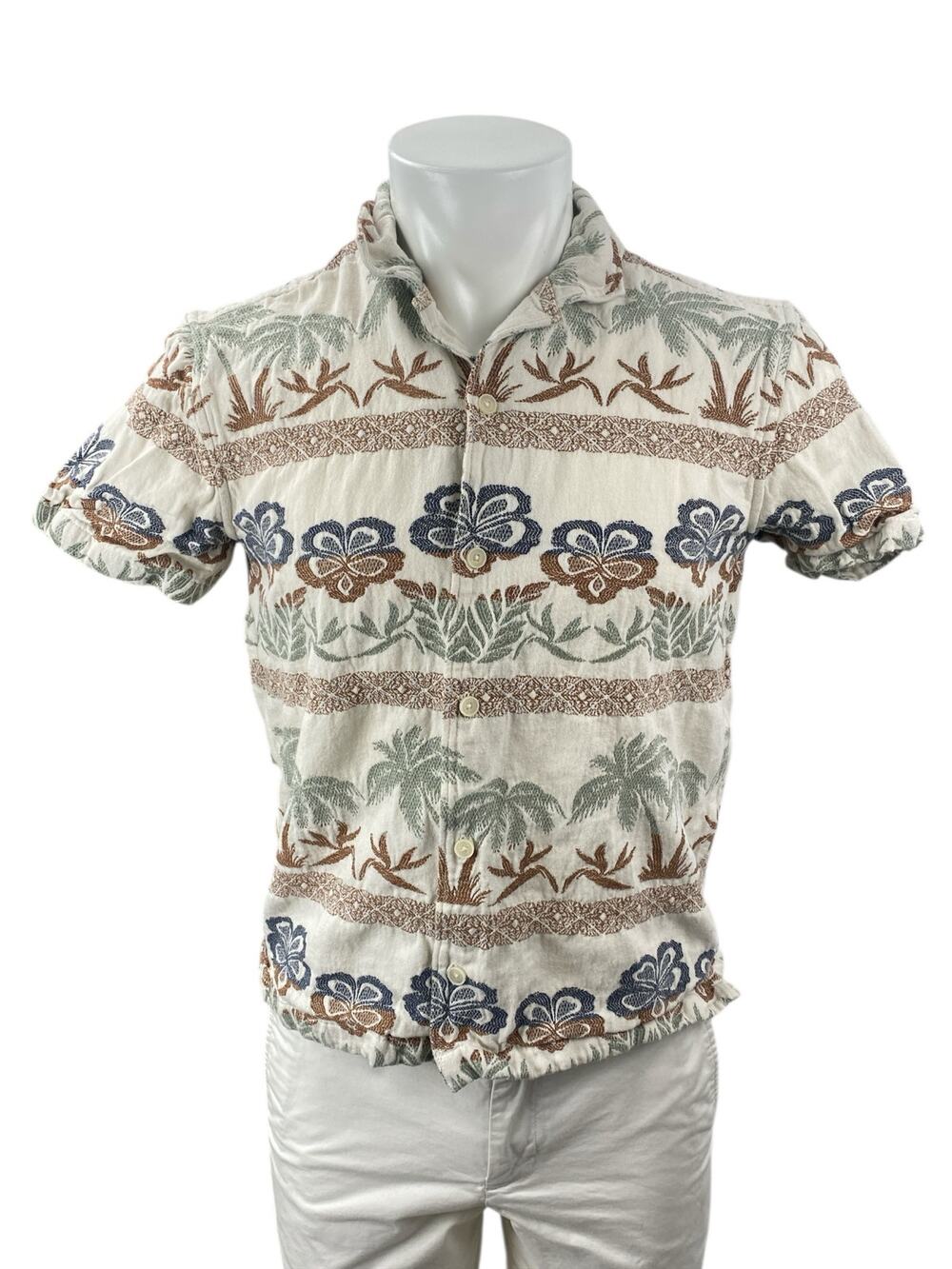 Sun + Stone Mens Beige Floral Tropical Short Sleeve Button Down Camp Shirt Top S